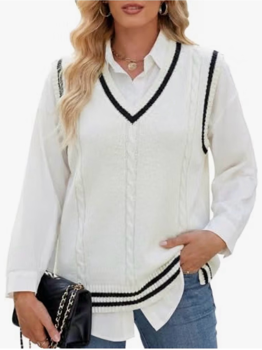 JK Designs Women’s White Cable Knit V-Neck Sweater Vest with Black Trim NEW